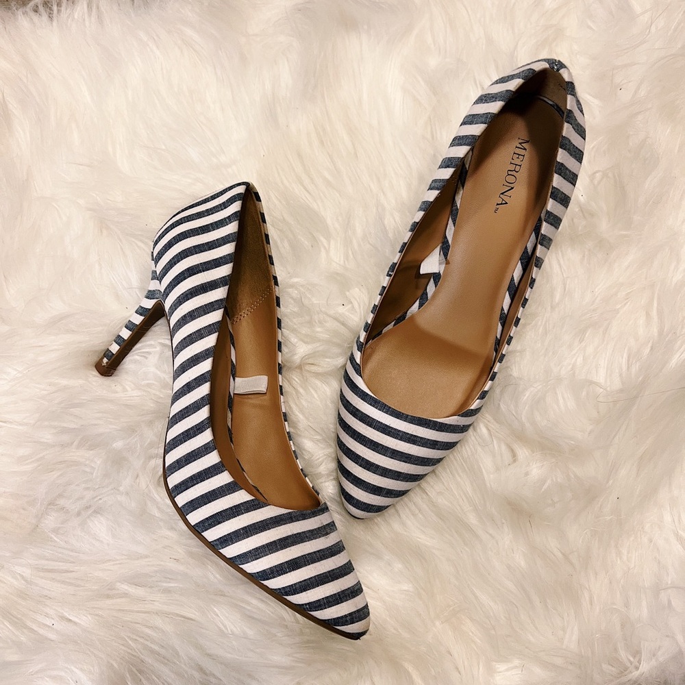 Merona Blue and White Striped Pointed Heels